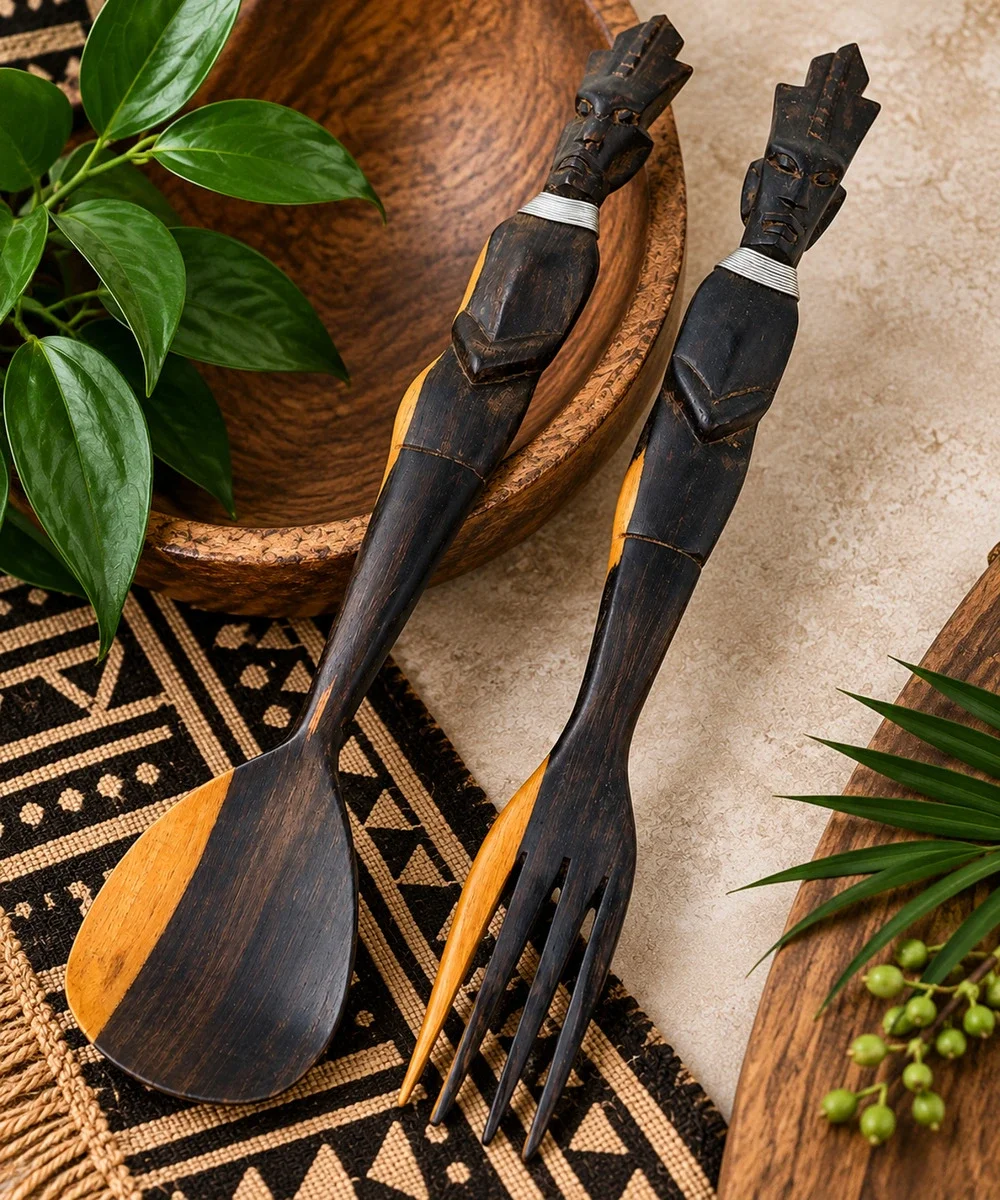 Vintage African Carved Wood Figural Salad Servers Fork Spoon Folk Art 14.5